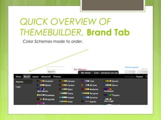 QUICK OVERVIEW OF
THEMEBUILDER, Brand Tab
Color Schemes made to order.
 