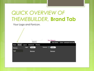 QUICK OVERVIEW OF
THEMEBUILDER, Brand Tab
Your Logo and Favicon.
 