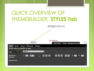 QUICK OVERVIEW OF
THEMEBUILDER, STYLES Tab
STYLE/F O N T S.
 