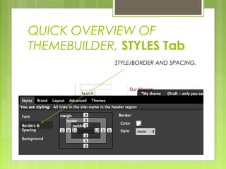 QUICK OVERVIEW OF
THEMEBUILDER, STYLES Tab
STYLE/BORDER AND SPACING.
 