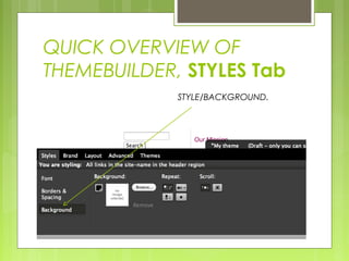 QUICK OVERVIEW OF
THEMEBUILDER, STYLES Tab
STYLE/BACKGROUND.
 