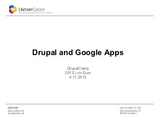 Drupal and Google Apps
                          DrupalCamp
                         2012 Lviv Euro
                           4.11.2012




UNITARY                                   +49 69 5050 27 252
www.unitary.de                            Schumannstraße 27
info@unitary.de                           60325 Frankfurt
 
