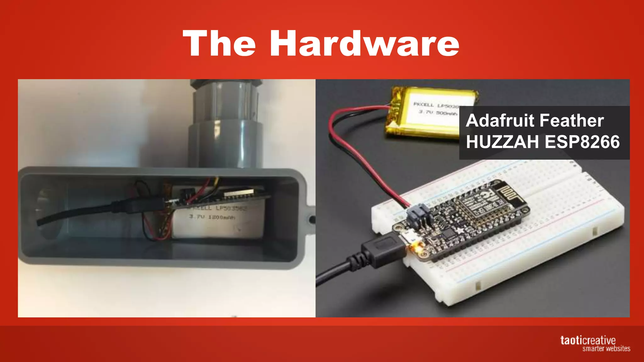 The Hardware
Adafruit Feather
HUZZAH ESP8266