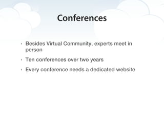 Conferences

‣   Besides Virtual Community, experts meet in
    person
‣   Ten conferences over two years
‣   Every conference needs a dedicated website
 