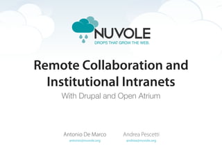 Remote Collaboration and
  Institutional Intranets
    With Drupal and Open Atrium



    Antonio De Marco       Andrea Pescetti
      antonio@nuvole.org    andrea@nuvole.org
 