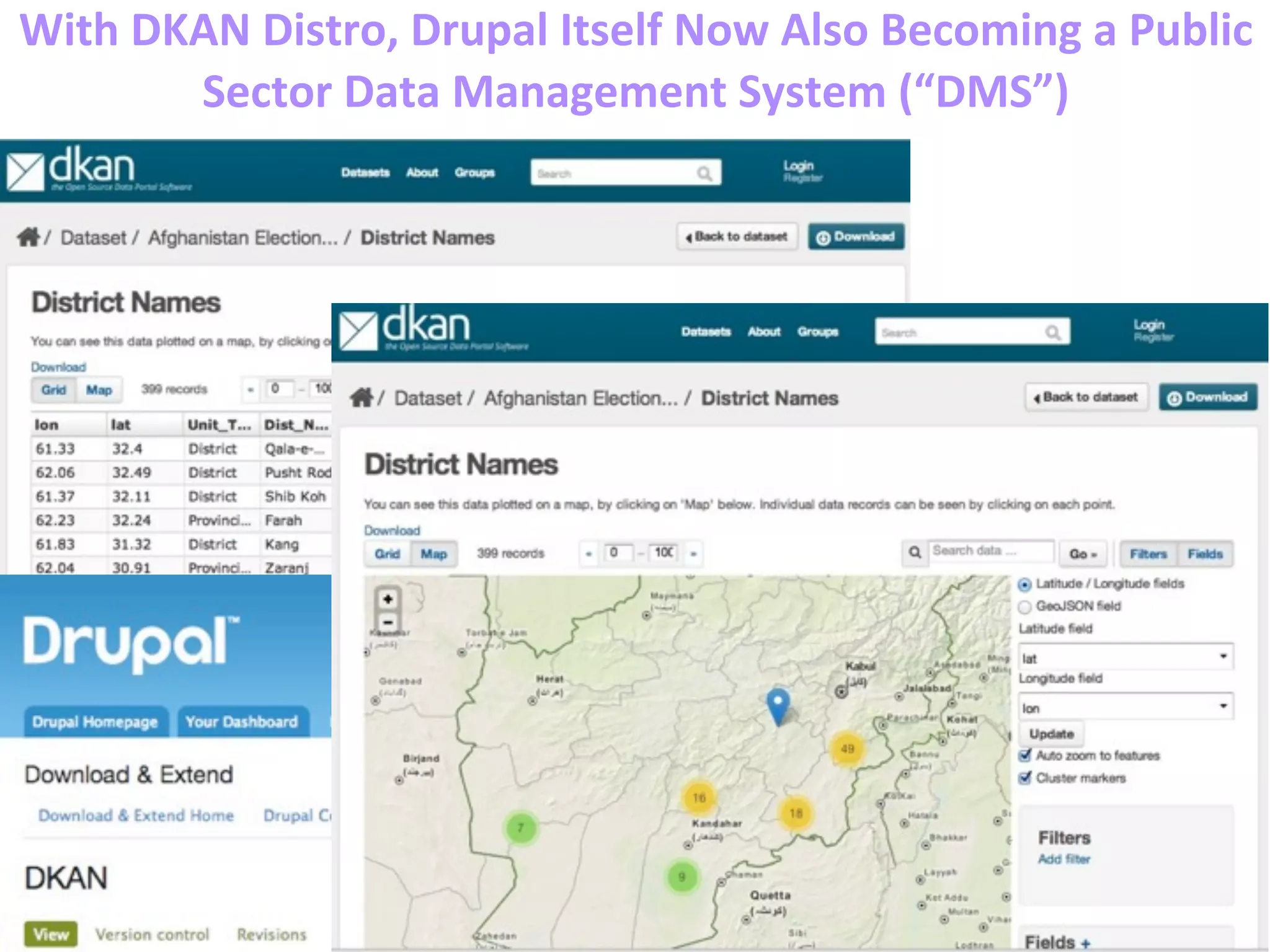 With	
  DKAN	
  Distro,	
  Drupal	
  Itself	
  Now	
  Also	
  Becoming	
  a	
  Public	
  
Sector	
  Data	
  Management	
  System	
  (“DMS”)
 