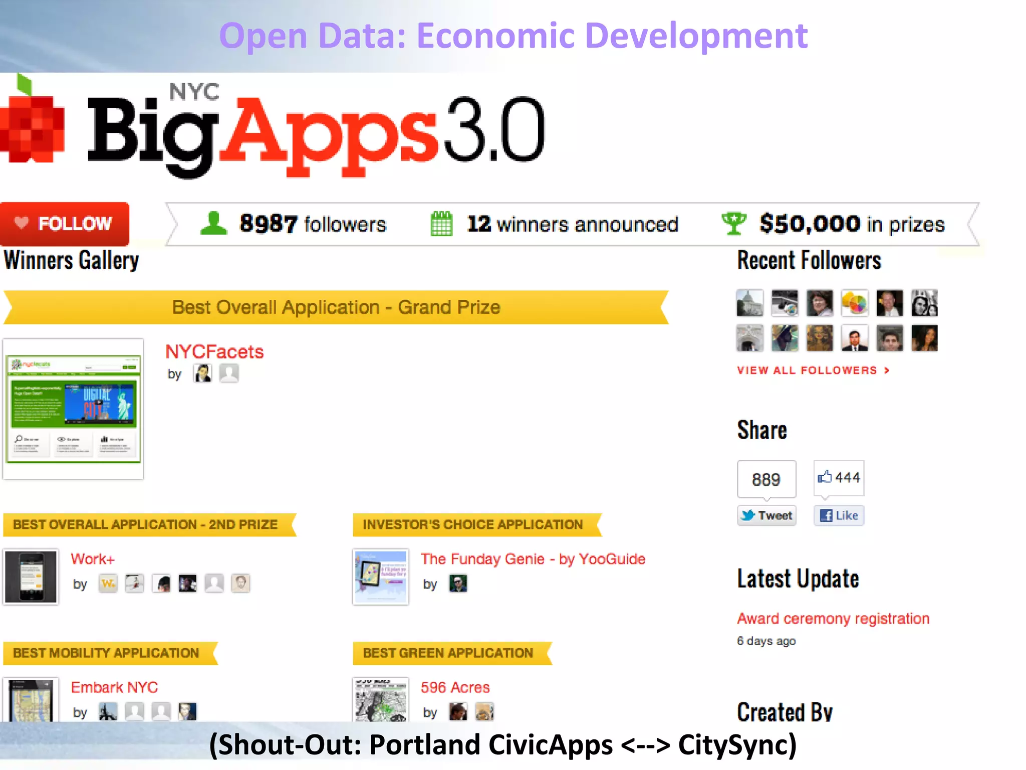 Open	
  Data:	
  Economic	
  Development	
  
Facili&es
(Shout-­‐Out:	
  Portland	
  CivicApps	
  <-­‐-­‐>	
  CitySync)
 