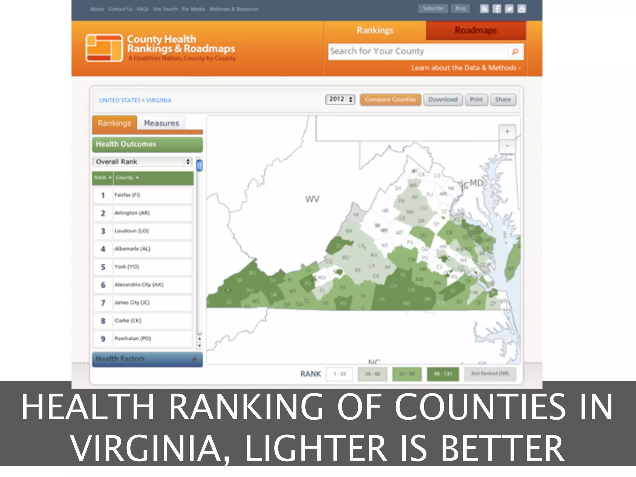 HEALTH RANKING OF COUNTIES IN
  VIRGINIA, LIGHTER IS BETTER
 