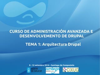 CURSO DE ADMINISTRACIÓN AVANZADA E 
DESENVOLVEMENTO DE DRUPAL 
TEMA 1: Arquitectura Drupal 
8 - 12 setembro 2014 – Santiago de Compostela 
 