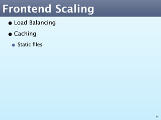 Frontend Scaling
• Load Balancing
• Caching
 • Static ﬁles




                   11
 