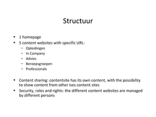 Structuur 1 homepage 5 content websites with specific URL: Opleidingen In Company Advies Beroepsgroepen  Professionals  Content sharing: contentsite has its own content, with the possibility to show content from other ises content sites Security, roles and rights: the different content websites are managed by different persons 
