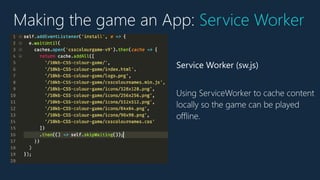 Service Worker (sw.js)
Using ServiceWorker to cache content
locally so the game can be played
offline.
Making the game an App: Service Worker
 