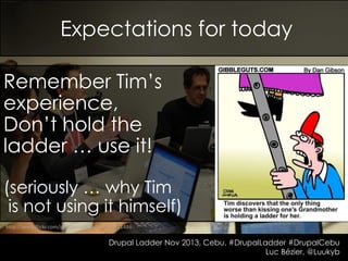 Expectations for today
Remember Tim’s
experience,
Don’t hold the
ladder … use it!
(seriously … why Tim
is not using it himself)
http://www.flickr.com/photos/ceardach/4549971486

Drupal Ladder Nov 2013, Cebu. #DrupalLadder #DrupalCebu
Luc Bézier, @Luukyb

 
