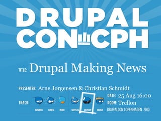 Drupal Making News
 Arne Jørgensen & Christian Schmidt
                               25 Aug 16:00
                               Trellon
 