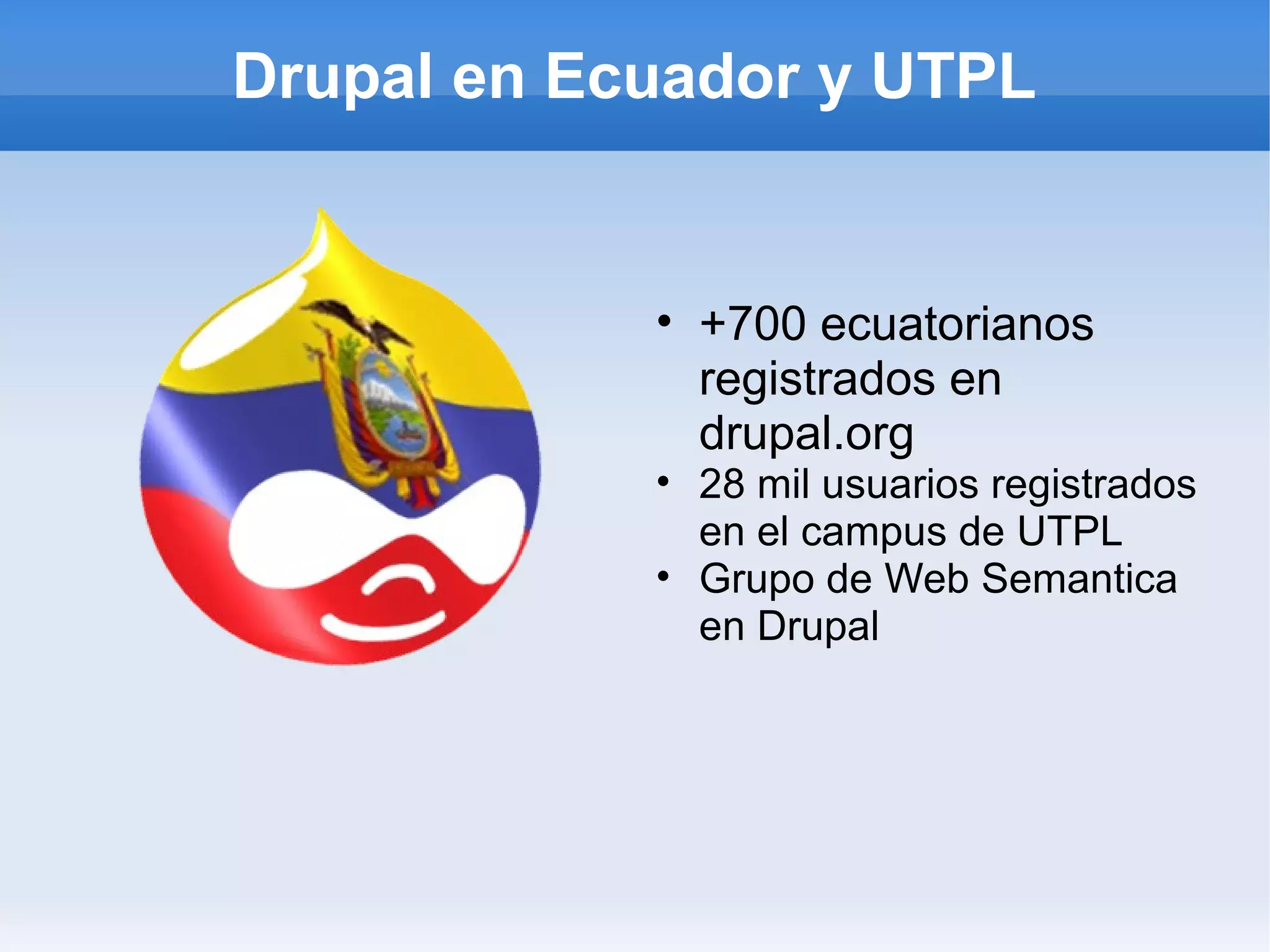 Drupal en Ecuador y UTPL


            • +700 ecuatorianos
              registrados en
              drupal.org
            • 28 mil usuarios registrados
              en el campus de UTPL
            • Grupo de Web Semantica
              en Drupal
 