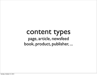 content types
page, article, newsfeed
book, product, publisher, ...
Sunday, October 31, 2010
 