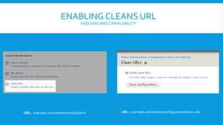 ENABLING CLEANS URL
INDEXINGAND CRAWLABILITY
URL: example.com/admin/config/search/clean-urlsURL: example.com/admin/config/search
 