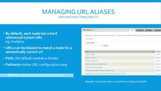 MANAGING URL ALIASES
INDEXINGAND CRAWLABILITY
• By default, each node has a hard
referenced system URL
eg: /node/12
• URLs can be Aliased to match a node for a
semantically correct url
• Path, the default module is limited
• Pathauto makes URL configuration easy
Source: http://example.com/admin/config/search/path
Reference: https://www.drupal.org/project/pathauto
 