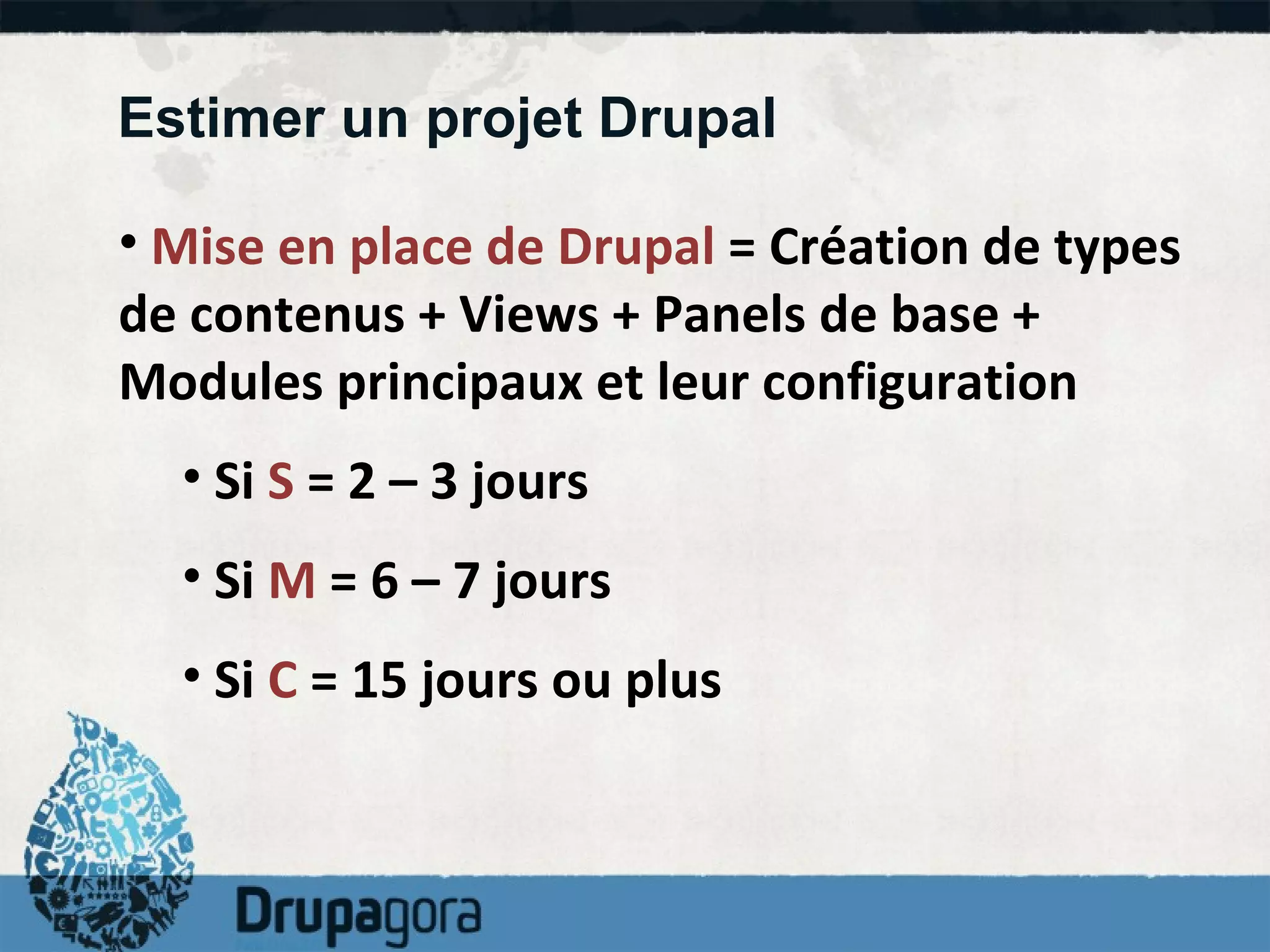 Estimer un projet Drupal Mise en place de Drupal  = Création de types de contenus + Views + Panels de base + Modules principaux et leur configuration Si  S  = 2 – 3 jours Si  M  = 6 – 7 jours Si  C  = 15 jours ou plus  