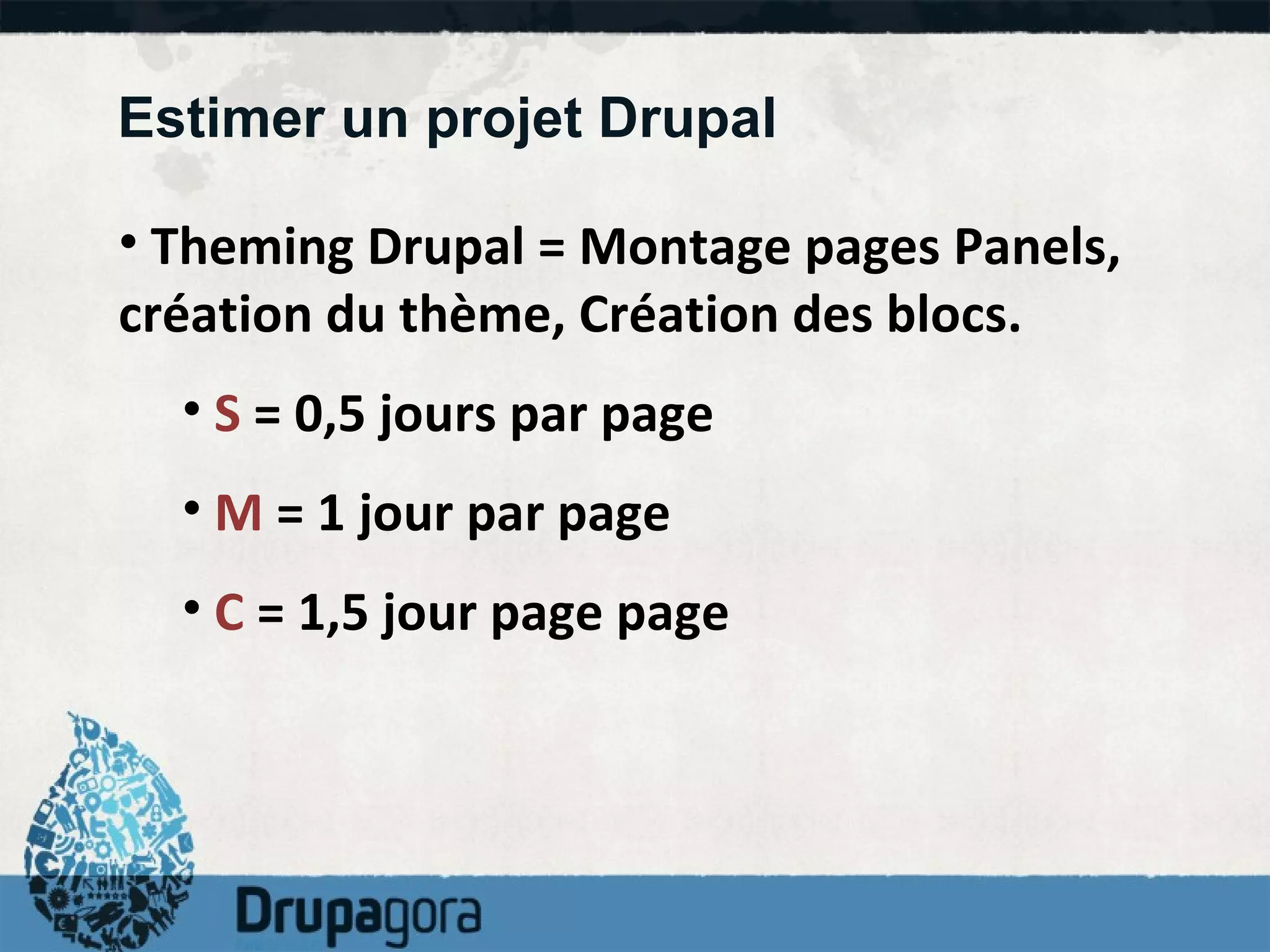 Estimer un projet Drupal Theming Drupal = Montage pages Panels, création du thème, Création des blocs. S  = 0,5 jours par page M  = 1 jour par page C  = 1,5 jour page page 