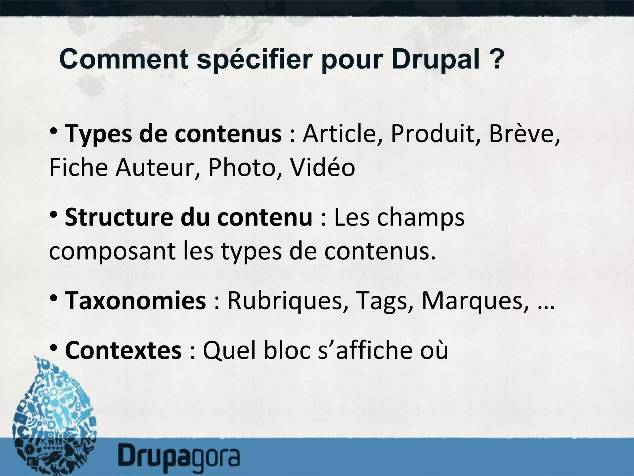 Comment spécifier pour Drupal ? Types de contenus  : Article, Produit, Brève, Fiche Auteur, Photo, Vidéo Structure du contenu  : Les champs composant les types de contenus.  Taxonomies  : Rubriques, Tags, Marques, … Contextes  : Quel bloc s’affiche où 