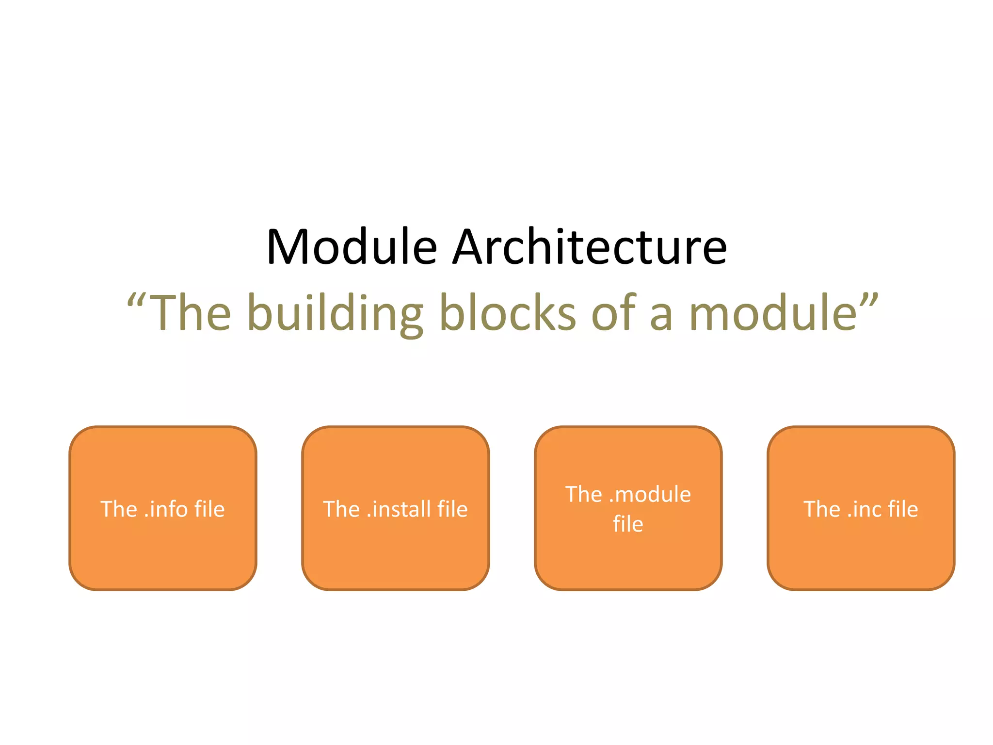 Module Architecture
“The building blocks of a module”
The .info file The .install file
The .module
file
The .inc file
 