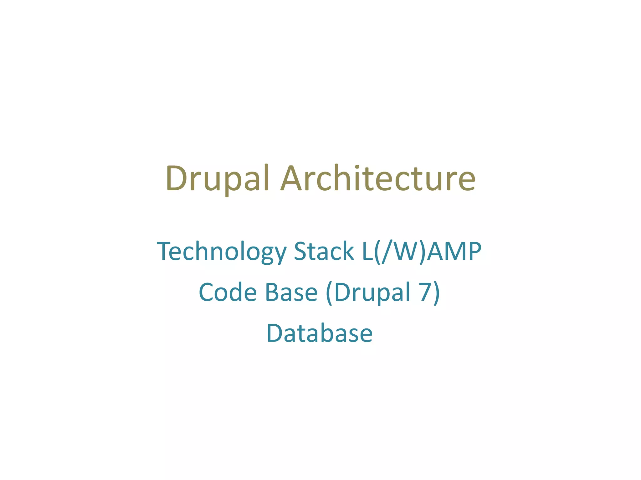 Drupal Architecture
Technology Stack L(/W)AMP
Code Base (Drupal 7)
Database
 