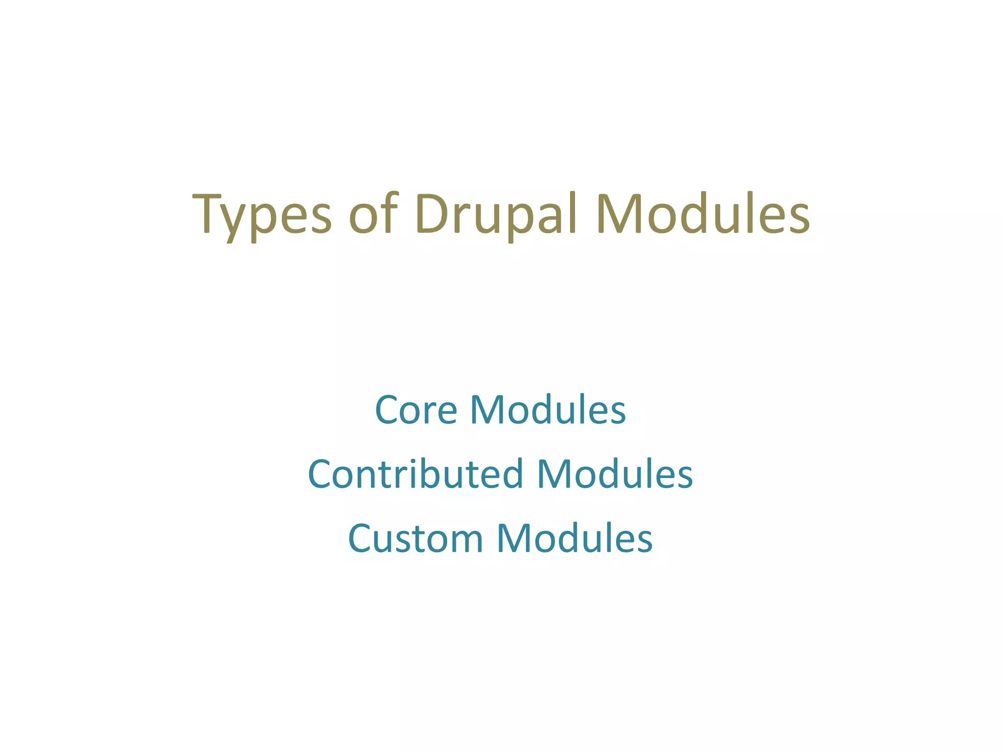 Types of Drupal Modules
Core Modules
Contributed Modules
Custom Modules
 