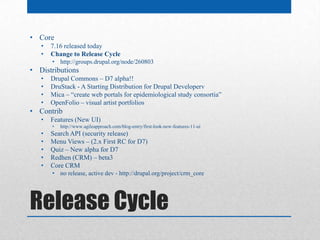 • Core
   •   7.16 released today
   •   Change to Release Cycle
       • http://groups.drupal.org/node/260803
• Distributions
   •   Drupal Commons – D7 alpha!!
   •   DruStack - A Starting Distribution for Drupal Developerv
   •   Mica – “create web portals for epidemiological study consortia”
   •   OpenFolio – visual artist portfolios
• Contrib
   •   Features (New UI)
       •   http://www.agileapproach.com/blog-entry/first-look-new-features-11-ui
   •   Search API (security release)
   •   Menu Views – (2.x First RC for D7)
   •   Quiz – New alpha for D7
   •   Redhen (CRM) – beta3
   •   Core CRM
       • no release, active dev - http://drupal.org/project/crm_core




Release Cycle
 