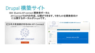 IBM Bluemix API connect 開発者ポータル
API ConnectでＡＰＩの作成、公開ができます。できたAPIを開発者向け
に公開するポータルがDrupalです。
Drupal 構築サイト
 