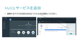 MySQLサービスを追加
• 連携するアプリの名前は先ほどつけたものを選択してください。
 