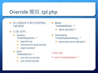 Override  .tpl.php
? ģMжAOӰ                    ? Block
  (.tpl.php)                          module/block/
                                      ? block.tpl.php**
?  D7 
  ? System:                       ? Taxonomy
     module/system/                module/taxonomy/
     ? page.tpl.org                   ? taxonomy-term.tpl.php*
     ? maintenance-page.tpl.php
     ? region.tpl.php*
  ? User:
                                  *: new in D7
     module/user/
     ? user-picture.tpl.php       **: was in module/system/
     ? user-profile.tpl.php
 