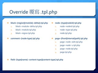Override  .tpl.php
? block--[region|[module|--delta]].tpl.php   ? node--[type|nodeid].tpl.php
   1.   block--module--delta.tpl.php            1.   node--nodeid.tpl.php
   2.   block--module.tpl.php                   2.   node--type.tpl.php
   3.   block--region.tpl.php                   3.   node.tpl.php

? comment--[node-type].tpl.php               ? page--[front|internal/path].tpl.php
                                                1.   page--node--edit.tpl.php
                                                2.   page--node--1.tpl.php
                                                3.   page--node.tpl.php
                                                4.   page.tpl.php


? field--[type|name[--content-type]|content-type].tpl.php
 