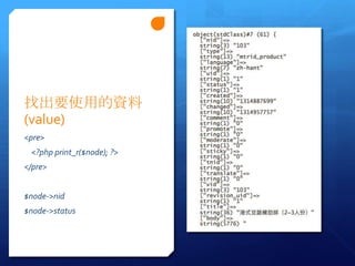 ҳҪʹõY
(value)
<pre>
 <?php print_r($node); ?>
</pre>


$node->nid
$node->status
 