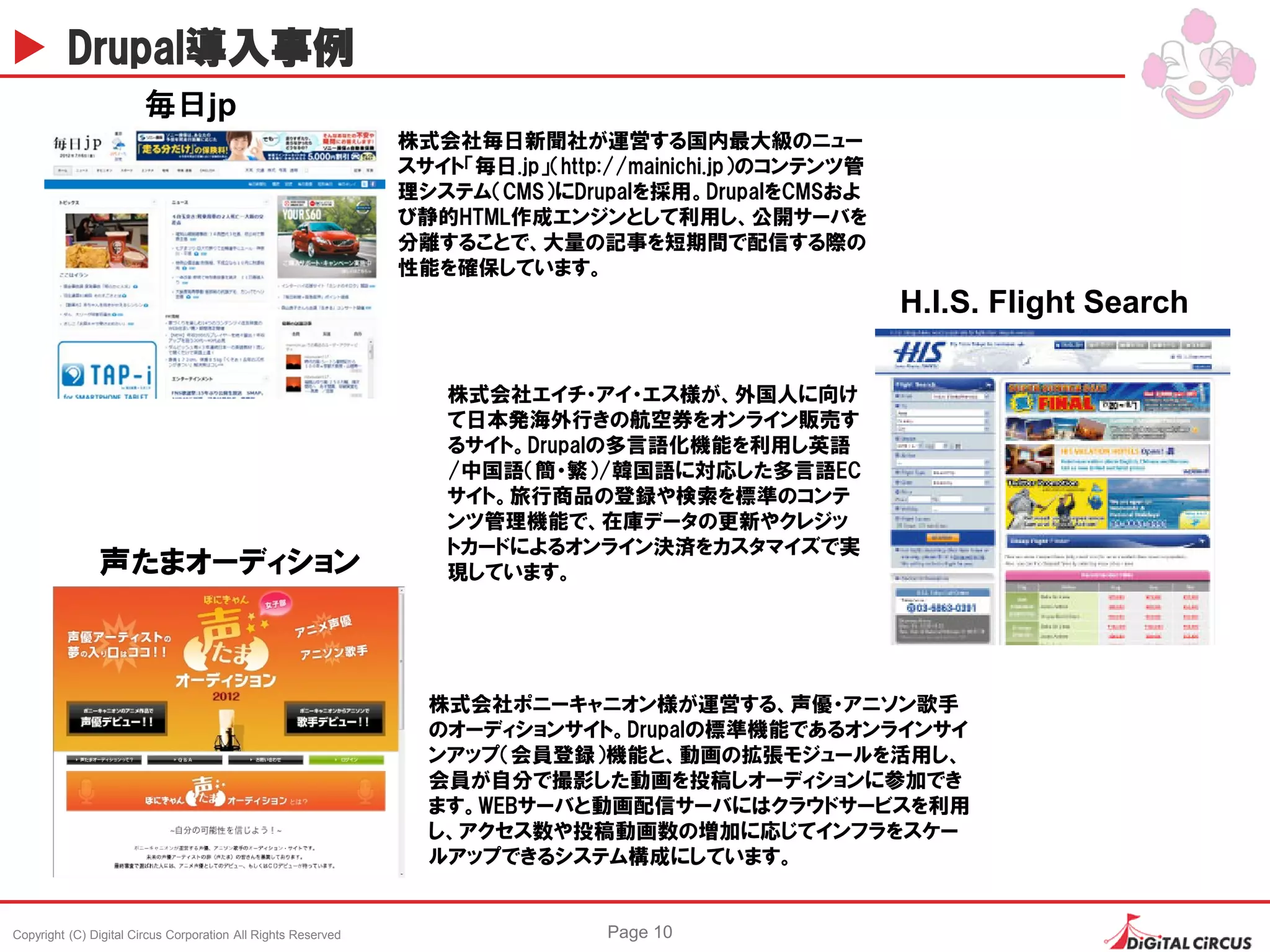 Copyright (C) Digital Circus Corporation All Rights Reserved Page 10
Drupal導入事例
H.I.S. Flight Search
株式会社エイチ・アイ・エス様が、外国人に向け
て日本発海外行きの航空券をオンライン販売す
るサイト。Drupalの多言語化機能を利用し英語
/中国語（簡・繁）/韓国語に対応した多言語EC
サイト。旅行商品の登録や検索を標準のコンテ
ンツ管理機能で、在庫データの更新やクレジッ
トカードによるオンライン決済をカスタマイズで実
現しています。
毎日jp
株式会社毎日新聞社が運営する国内最大級のニュー
スサイト「毎日.jp」（http://mainichi.jp）のコンテンツ管
理システム（CMS）にDrupalを採用。DrupalをCMSおよ
び静的HTML作成エンジンとして利用し、公開サーバを
分離することで、大量の記事を短期間で配信する際の
性能を確保しています。
株式会社ポニーキャニオン様が運営する、声優・アニソン歌手
のオーディションサイト。Drupalの標準機能であるオンラインサイ
ンアップ（会員登録）機能と、動画の拡張モジュールを活用し、
会員が自分で撮影した動画を投稿しオーディションに参加でき
ます。WEBサーバと動画配信サーバにはクラウドサービスを利用
し、アクセス数や投稿動画数の増加に応じてインフラをスケー
ルアップできるシステム構成にしています。
声たまオーディション
 