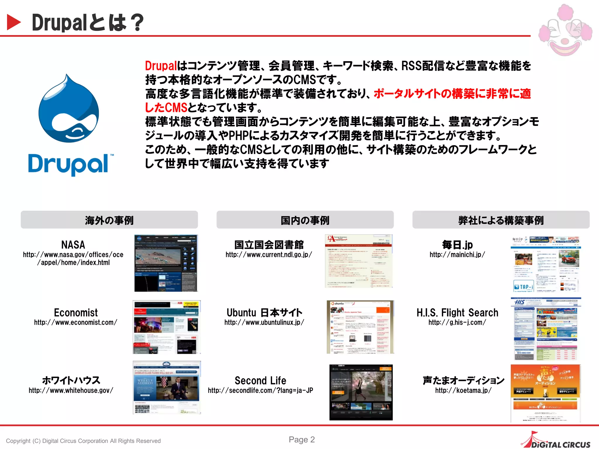 Copyright (C) Digital Circus Corporation All Rights Reserved Page 2
Drupalとは？
NASA
http://www.nasa.gov/offices/oce
/appel/home/index.html
海外の事例
国立国会図書館
http://www.current.ndl.go.jp/
Ubuntu 日本サイト
http://www.ubuntulinux.jp/
Second Life
http://secondlife.com/?lang=ja-JP
国内の事例 弊社による構築事例
Economist
http://www.economist.com/
毎日.jp
http://mainichi.jp/
H.I.S. Flight Search
http://g.his-j.com/
声たまオーディション
http://koetama.jp/
ホワイトハウス
http://www.whitehouse.gov/
Drupalはコンテンツ管理、会員管理、キーワード検索、RSS配信など豊富な機能を
持つ本格的なオープンソースのCMSです。
高度な多言語化機能が標準で装備されており、ポータルサイトの構築に非常に適
したCMSとなっています。
標準状態でも管理画面からコンテンツを簡単に編集可能な上、豊富なオプションモ
ジュールの導入やPHPによるカスタマイズ開発を簡単に行うことができます。
このため、一般的なCMSとしての利用の他に、サイト構築のためのフレームワークと
して世界中で幅広い支持を得ています
 