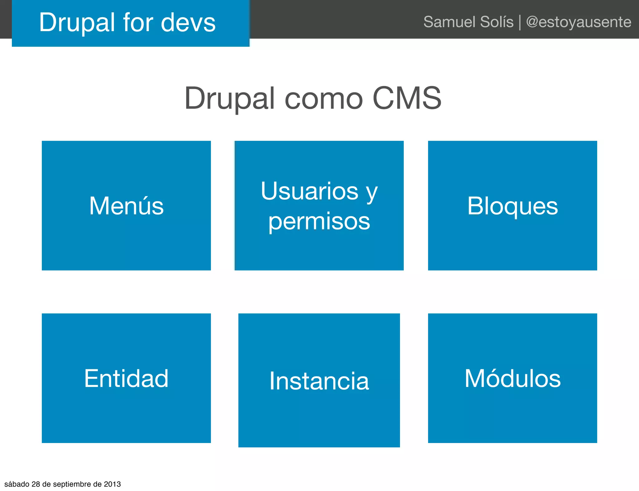 Entidad Instancia
Menús
Usuarios y
permisos
Bloques
Módulos
Drupal como CMS
Drupal for devs Samuel Solís | @estoyausente
sábado 28 de septiembre de 2013
 