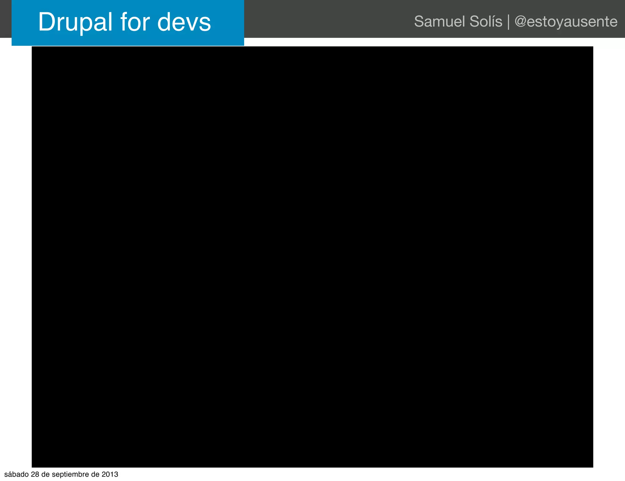 Drupal for devs Samuel Solís | @estoyausente
sábado 28 de septiembre de 2013
 