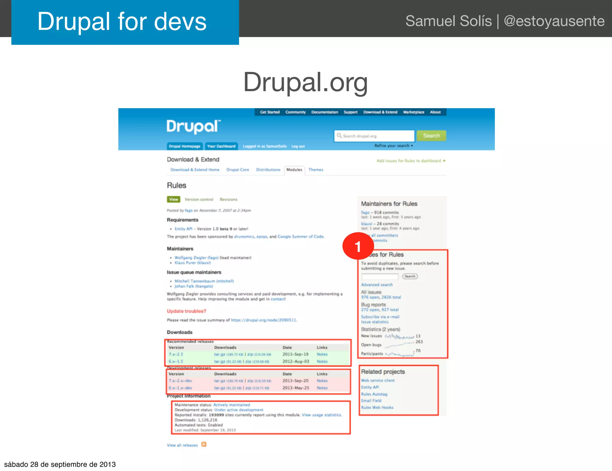 Drupal.org
Drupal for devs Samuel Solís | @estoyausente
1
sábado 28 de septiembre de 2013
 