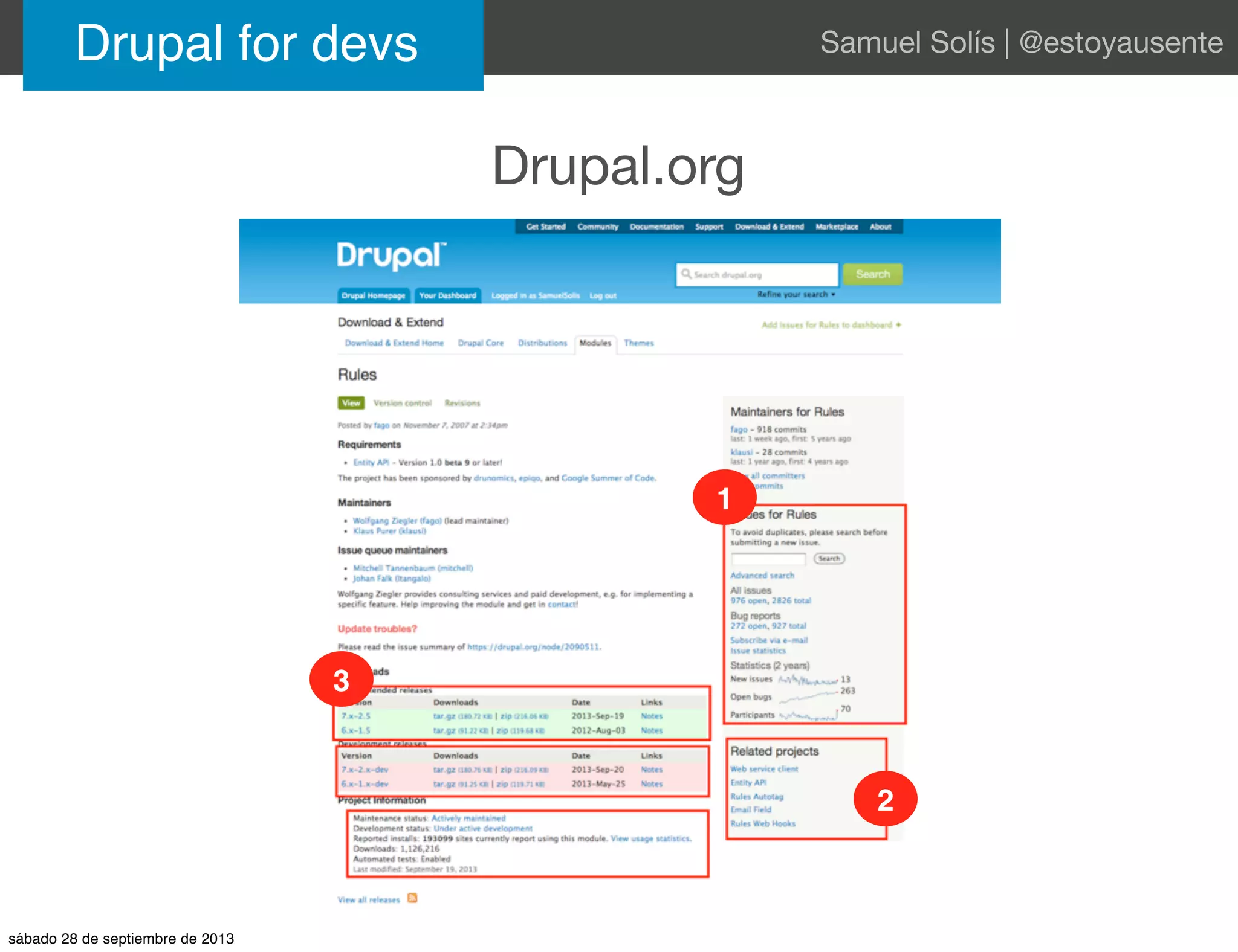 Drupal.org
Drupal for devs Samuel Solís | @estoyausente
1
2
3
sábado 28 de septiembre de 2013
 