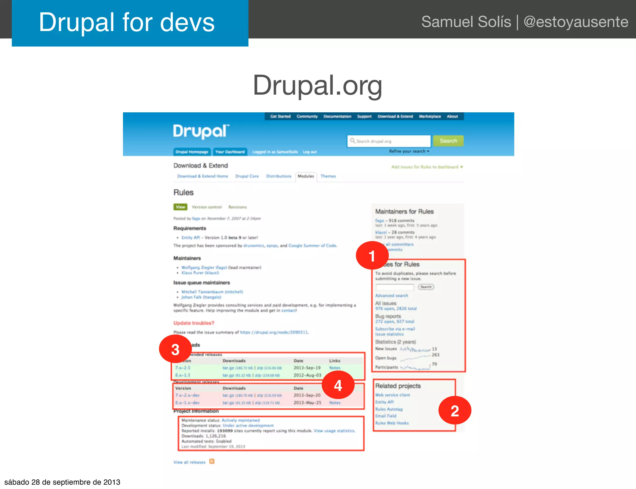 Drupal.org
Drupal for devs Samuel Solís | @estoyausente
1
2
3
4
sábado 28 de septiembre de 2013
 