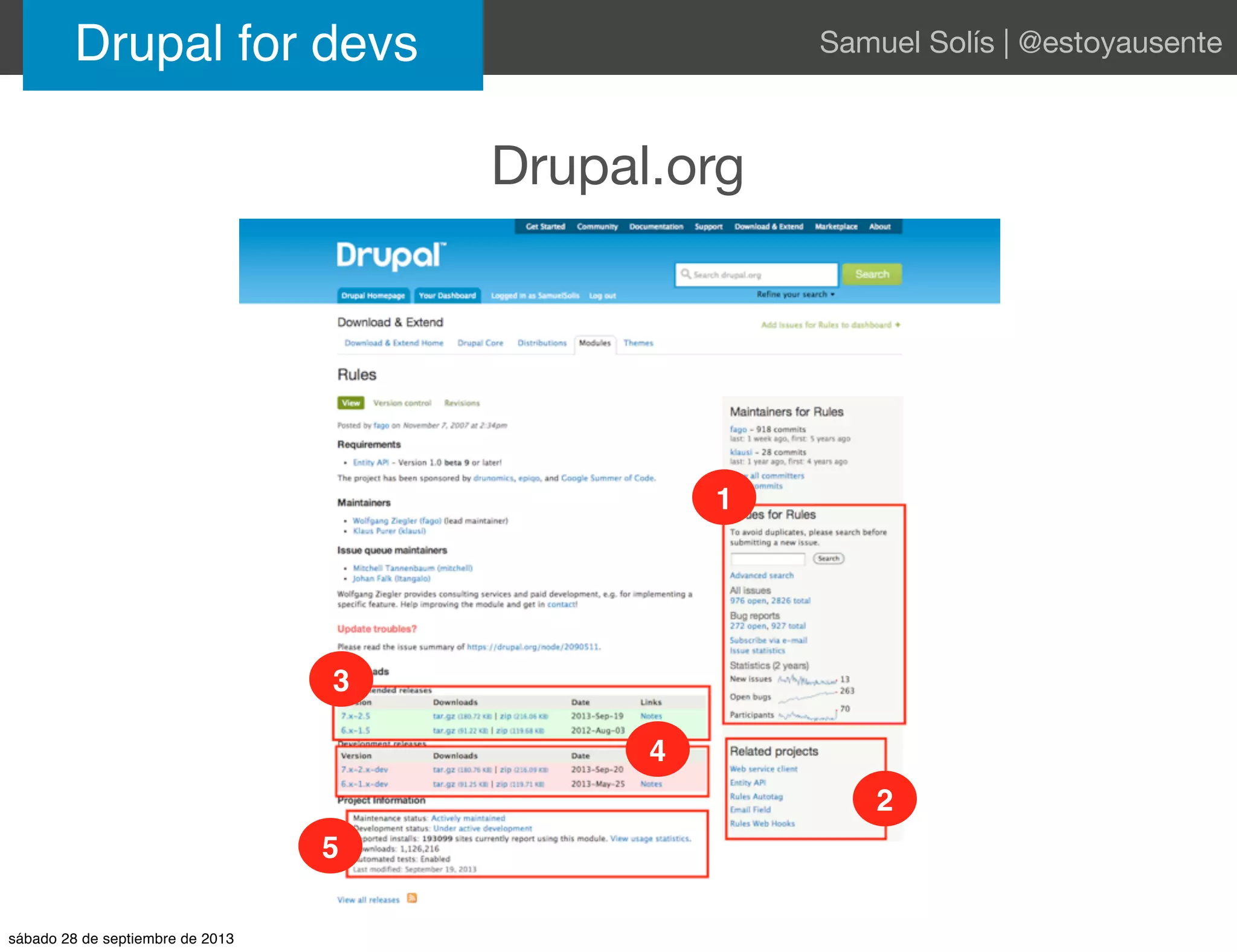 Drupal.org
Drupal for devs Samuel Solís | @estoyausente
1
2
3
4
5
sábado 28 de septiembre de 2013
 
