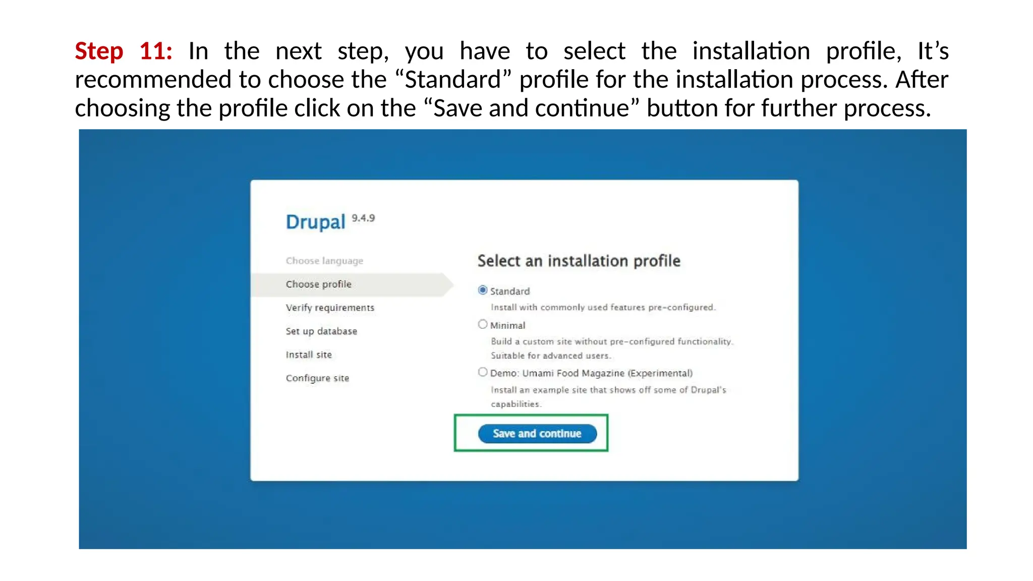 Step 11: In the next step, you have to select the installation profile, It’s
recommended to choose the “Standard” profile for the installation process. After
choosing the profile click on the “Save and continue” button for further process.
 