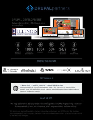 50+ 
developers 
DRUPAL DEVELOPMENT 
Delivered more than 100+ Drupal sites 
across globe. 
SOME OF OUR CLIENTS 
TESTIMONIALS 
WHAT WE DO? 
24/7 
technical 
support 
15+ 
app 
experience 
100+ 
projects 
100% 
customer 
satisfaction 
5 
years in 
business 
Dr. Matt Oster, IT Director, Children’s Healthcare of Atlanta 
“Drupalpartner’s style of project management made it very easy for us to see consistent 
progress in the web development phase. The team is also friendly and open to feedback which 
makes the engagement pleasant.” 
We help companies develop their sites in Drupal based CMS by providing solutions 
for web development, e-commerce, staff augmentation, and consulting. 
We design and develop Drupal sites that are technically, aesthetically, and SEO friendly. Our developer 
team engages with you through out the entire cycle of drupal web development providing Drupal support 
is one of our key strengths. 
 