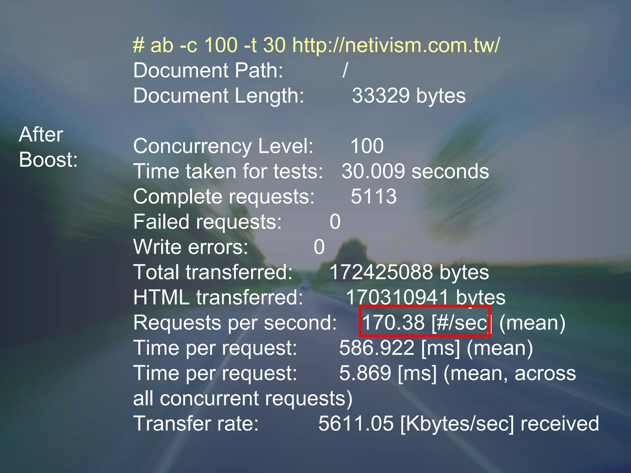 # ab -c 100 -t 30 http://netivism.com.tw/ Document Path:  / Document Length:  33329 bytes Concurrency Level:  100 Time taken for tests:  30.009 seconds Complete requests:  5113 Failed requests:  0 Write errors:  0 Total transferred:  172425088 bytes HTML transferred:  170310941 bytes Requests per second:  170.38 [#/sec] (mean) Time per request:  586.922 [ms] (mean) Time per request:  5.869 [ms] (mean, across all concurrent requests) Transfer rate:  5611.05 [Kbytes/sec] received After Boost: 