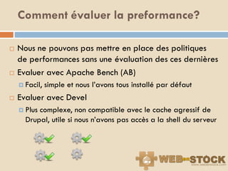 Comment évaluer la preformance?

   Nous ne pouvons pas mettre en place des politiques
    de performances sans une évaluation des ces dernières
   Evaluer avec Apache Bench (AB)
     Facil,   simple et nous l‟avons tous installé par défaut
   Evaluer avec Devel
     Pluscomplexe, non compatible avec le cache agressif de
      Drupal, utile si nous n‟avons pas accès a la shell du serveur
 