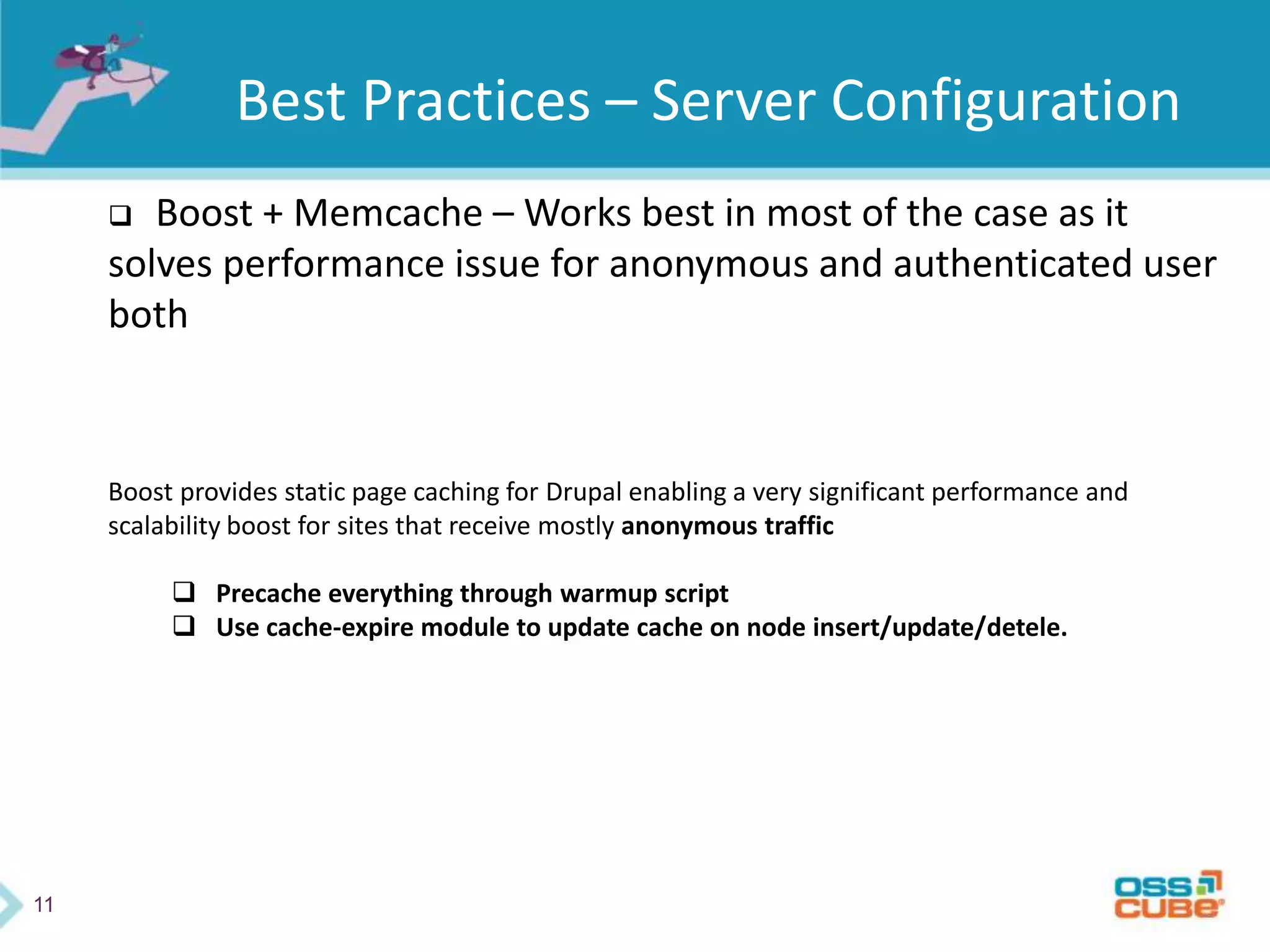 11
Best Practices – Server Configuration
 Boost + Memcache – Works best in most of the case as it
solves performance issue for anonymous and authenticated user
both
Boost provides static page caching for Drupal enabling a very significant performance and
scalability boost for sites that receive mostly anonymous traffic
 Precache everything through warmup script
 Use cache-expire module to update cache on node insert/update/detele.
 