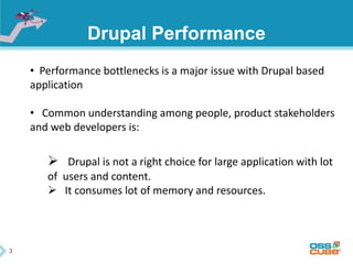 Drupal Performance
• Performance bottlenecks is a major issue with Drupal based
application
• Common understanding among people, product stakeholders
and web developers is:
 Drupal is not a right choice for large application with lot
of users and content.
 It consumes lot of memory and resources.
3
 