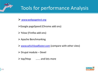 6
Tools for performance Analysis
 www.webpagetest.org
Google pageSpeed (Chrome add ons)
 Yslow (Firefox add ons)
 Apache Benchmarking
 www.whichloadfaster.com (compare with other sites)
 Drupal module – Devel
 top/htop ……. and lots more
 