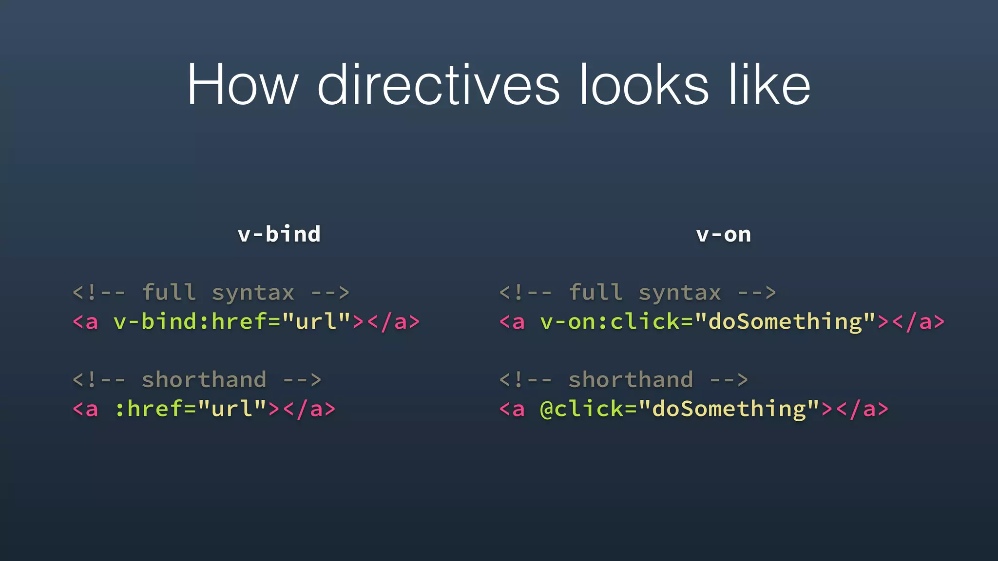How directives looks like
v-bind
<!-- full syntax -->
<a v-bind:href="url"></a>
<!-- shorthand -->
<a :href="url"></a> 
v-on
<!-- full syntax -->
<a v-on:click="doSomething"></a>
<!-- shorthand -->
<a @click="doSomething"></a>
 